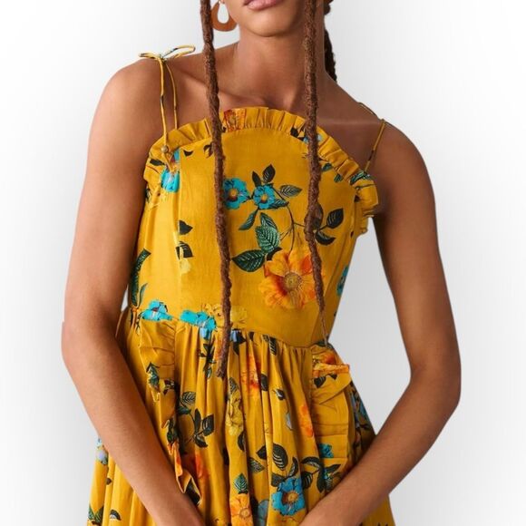 Anthropologie Maeve Midi Maxi High-Low Ruffle Dress, gold yellow Floral sundress - Picture 3 of 15